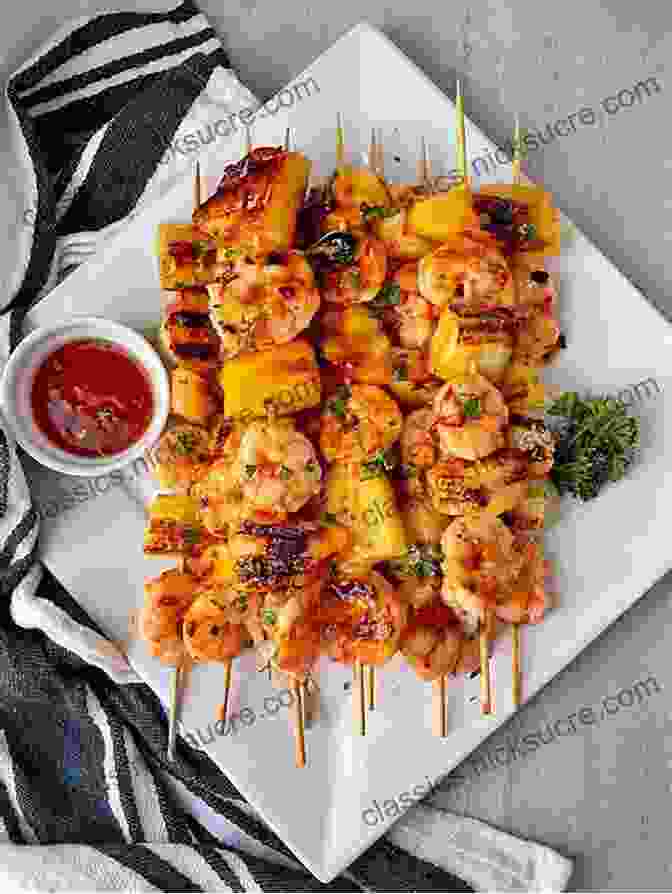 A Vibrant Spread Of Island Appetizers, Including Grilled Pineapple Skewers, Crispy Coconut Shrimp, And Tangy Tropical Salsa. KERRY ANDY HAWAIIAN COOKBOOK: Simple Recipes For A Taste Of The Islands Cooking Magic The Best Appetizers Sides Pork Chicken Beef From The Sea Noodles Sweets Snacks Drinks Sauces